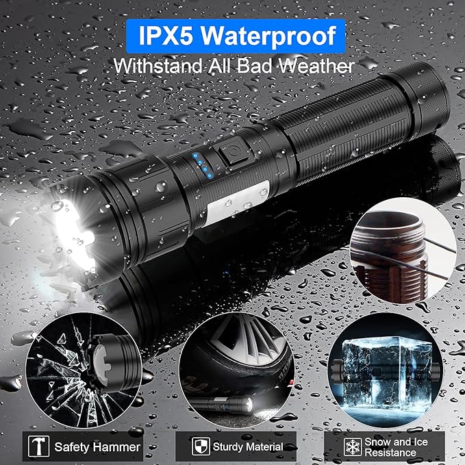 Rechargeable Flashlights High Lumens, 10000LM Powerful Tactical Flashlights, 7 Modes LED Flashlight Adjustable, Brightest Flashlight Waterproof, Handheld Flash Light for Emergencies, Camping, Hiking