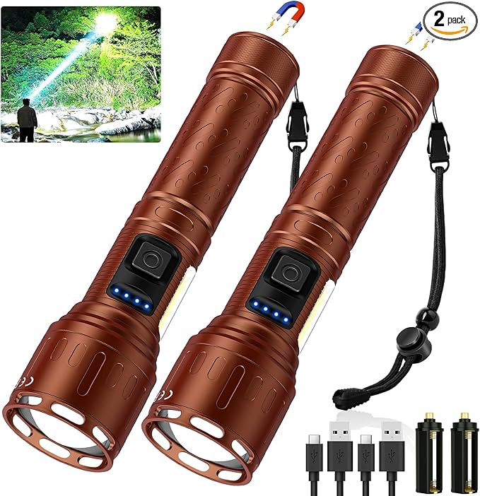 Rechargeable Magnetic Flashlights 100,000 High Lumens, Super Bright LED Powerful Flashlight 8 Modes with COB Work Light, Waterproof Handheld Flash Light for Camping (2 Pack with Paper Box, Brown)