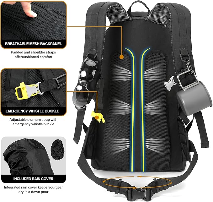 INOXTO 40L Hiking Backpack, Camping Backpack with Waterproof Rain Cover for Men, Outdoor Sport Travel Daypack for Climbing (065 Black)
