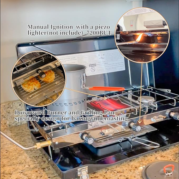 Camping Stove 3 Burner 20400 BTU Propane Portable Stove with Regulator, Toast Tray, Windshield for Car Camping BBQ Picnics Outdoor Cooking Camping Gas Stove