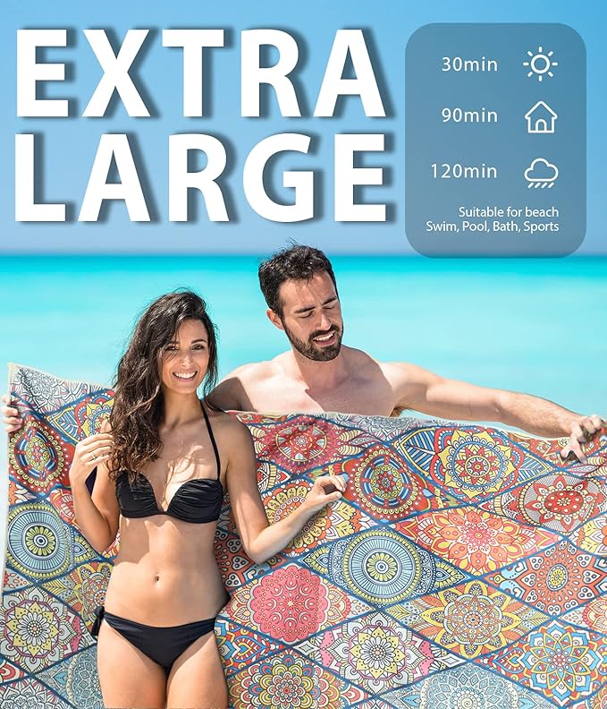 Microfiber Beach Towel – Quick Dry Lightweight Sand Free Oversized Large Towel Accessories Travel Must Swim Pool Yoga Camping Summer Cruise Ship Essentials Compact Sandproof Gift Bohemia(71" 32")
