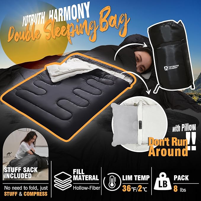 Double Sleeping Bag with Pillow for Adults - Queen Size Two Person Sleeping Bag - 3 Season Cold Weather Camping Sleeping Bag