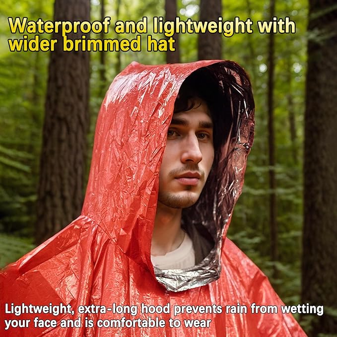 Emergency Poncho with Mylar Lined Hood, Reflective, Thickened Double Sided, 90% Heat Retention, Orange, Ultralight Outdoor Survival Blanket for Men, Women, Adults, Camping, Hiking