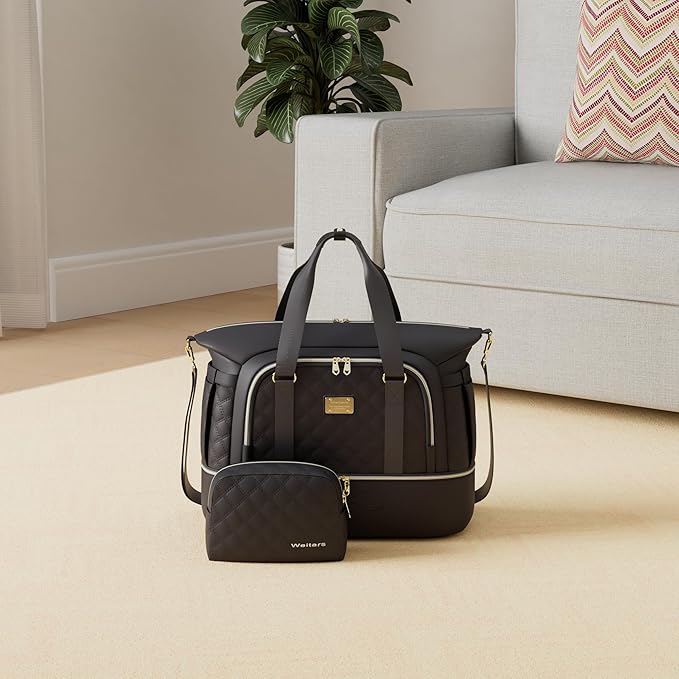 Weitars Women's Gym Duffel Bag - Travel Weekender with Shoes Compartment & Wet Pocket, Large Carry-On Overnight Bag (Black)