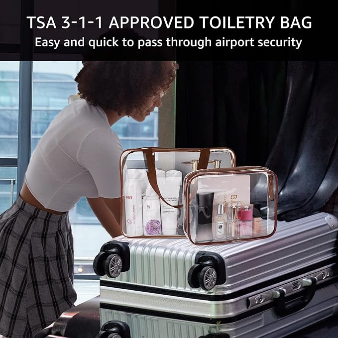 4Pcs Crystal Clear PVC Travel Toiletry Bag Kit for Women Men, Waterproof Vinyl Packing Organizer Storage Bags with Zipper Handle Straps, Cosmetic Pouch Carry on Airport Airline Compliant Bag Handbag