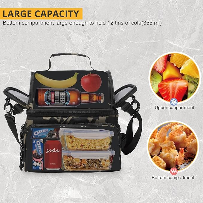 ATRIPACK 2 Compartment Lunch Bag for Men Adult, Tactical Lunch Box Leakproof Insulated Large Cooler Bag for Work with Adjustable Shoulder Strap Flag Double Layer Lunch Pail(Camo-Black)