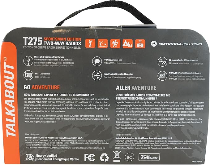 Motorola Solutions, Portable FRS, T275, Talkabout, Two-Way Radios, Rechargeable, 22 Channel, 25 Miles, Orange W/Black, 2 Pack