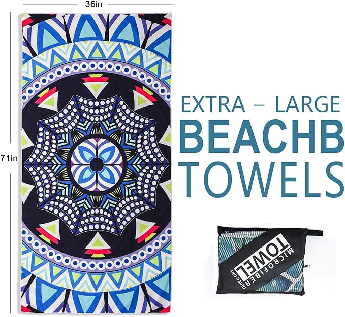 Microfiber Beach Towels 2 Packs, Oversized Quick-Dry Towels for Adults, Lightweight Thin Towels (72" x 36") for Swimming, Beach, Camping
