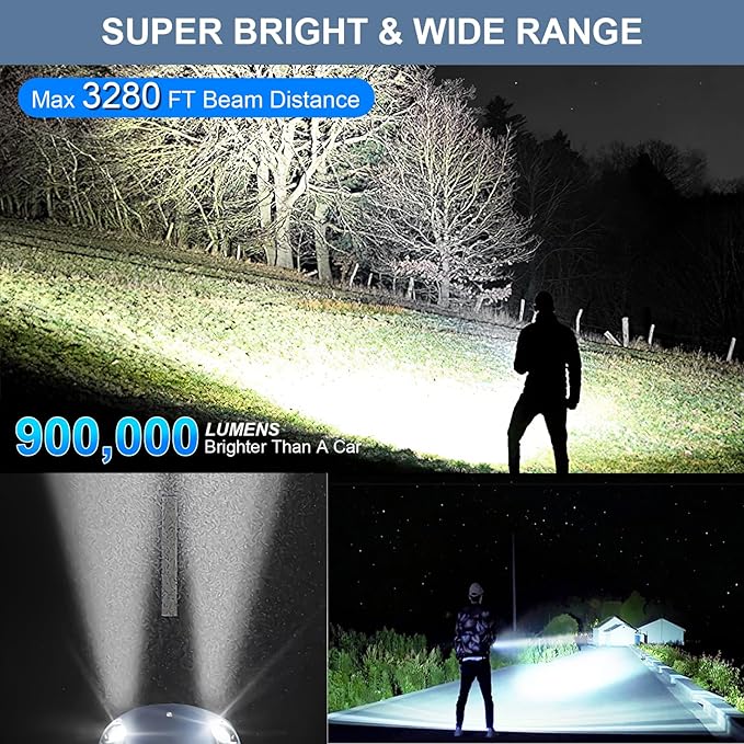 Flashlights High Lumens LED Rechargeable, 900,000 Lumen Brightest Flash Light, High Power USB Flashlight, Waterproof Handheld LED Flashlight for Camping Hiking