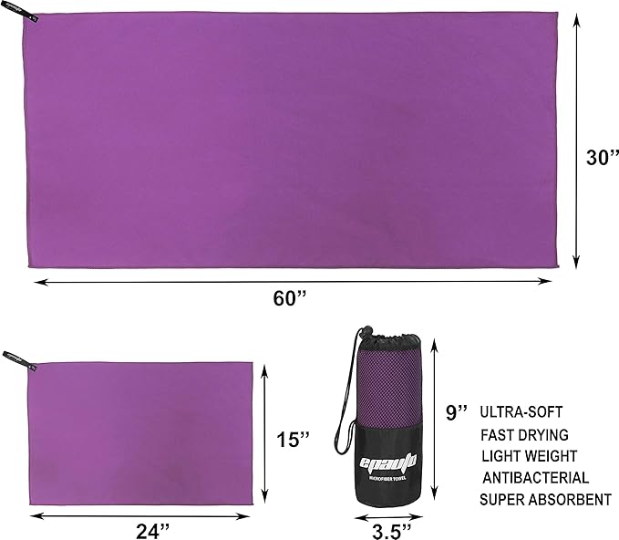 EPAuto 2-Pack Microfiber Fast Drying Travel Gym Towels, Purple, (60''x30'', 24''x15'')