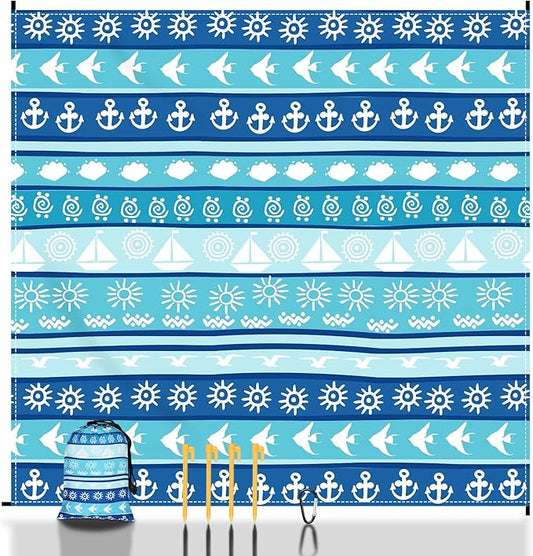 Beach Blanket Waterproof Sandproof, 79" x 83" Extra Large Sand Free Quick Drying Beach Mat, Compact Outdoor Picnic Mat for Travel, Hiking, Camping (Blue Stripes)