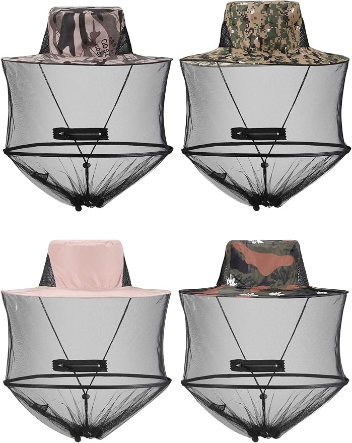 4 Pieces Mosquito Head Mesh Mosquito Cap Net Hat Face Cover with Zipper Foldable Fly Protection Netting Hat for Fishing Hiking Gardening, 4 Colors
