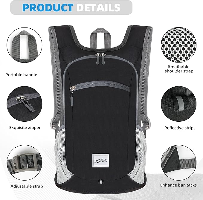 Hiking Backpack 15L Small Travel Backpack Lightweight Daypack Foldable Hiking Backpack Packable Camping Hiking Backpack for Women Men (Black)