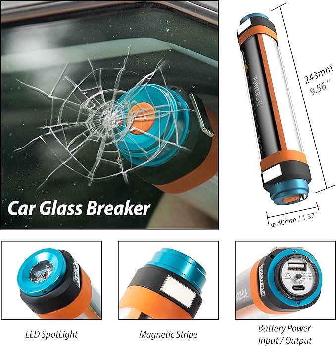Rechargeable Flashlight IP68 Waterproof Magnetic Flashlight with Portable Charger and Glass Breaker 9 inch Multi Function Car Flashlight for Emergency, Hiking, Camping, Travel