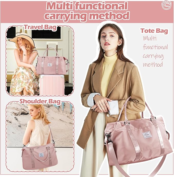 Pink Gym Bag with Wet Pocket, Foldable Travel Duffle Bag Carry On Weekender Bags for Women, Waterproof Overnight Bag for Travel, Gym, Yoga