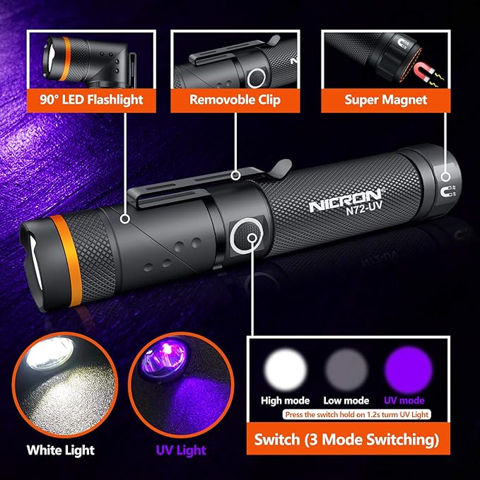 NICRON UV Flashlight, N72-UV 800LM White Light, Freely Switch Between White Light and UV Light Detector for Dog Urine, Wet Stains Bed Bugs,Camping, Outdoor,Maintain (18650/AAA Not Included)