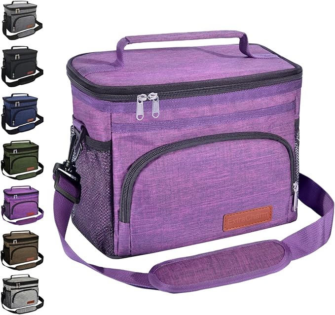 ExtraCharm Insulated Lunch Bag for Women/Men - Reusable Lunch Box for Office Picnic Hiking Beach - Leakproof Cooler Tote Bag Organizer with Adjustable Shoulder Strap for Adults - Purple
