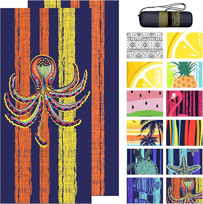 Bnuitland Octopus Pattern Beach Towel (35X75 inches), Oversized Quick Drying Absorbent Sand Free, Cute Towels for Travel Swimming Pool Picnic, 88% Polyester and 12% Polyamide