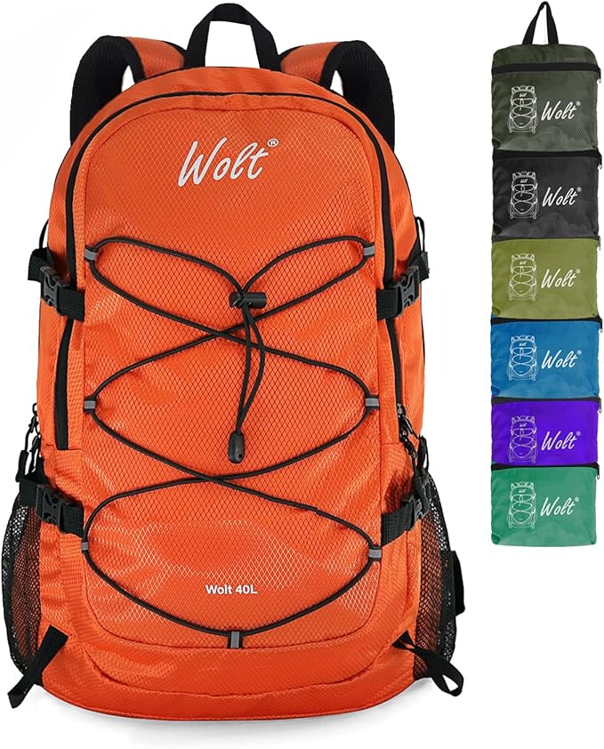 WOLT 40L Packable Travel Backpack, Foldable Lightweight Backpack for Men Women,Waterproof Hiking Bag for Outdoor Camping (Orange)