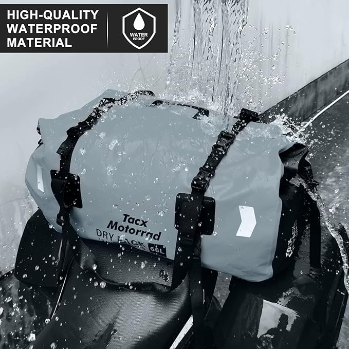 Waterproof Duffel Bag for Men/Women, Roll-top Dry Backpack Duffel Bag with Quick-fixed Straps, Motorcycle Tail Saddle Bag for Motorcycling, Rafting, Boating, Kayaking, Travel, 66L-Grey