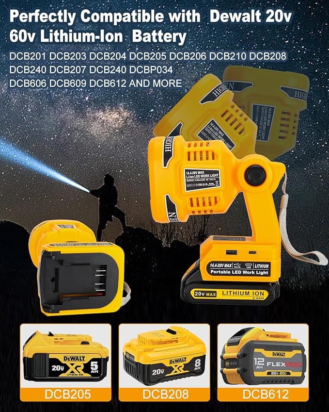 Cordless LED Flashlight for Dewalt 20V 60V Battery, 22W LED Work Light with USB-A&USB-C 2.1A Fast Charging Ports for Jobsite, Car Repairing, Camping, Emergency