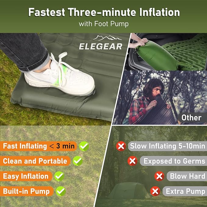 Elegear Double Sleeping Pad for Camping, 4" Ultra-Thick Self Inflating Camping Pad 2 Person with Pillow Built-in Foot Pump Camping Sleeping Mat for Backpacking, Hiking, Portable Camping Pad