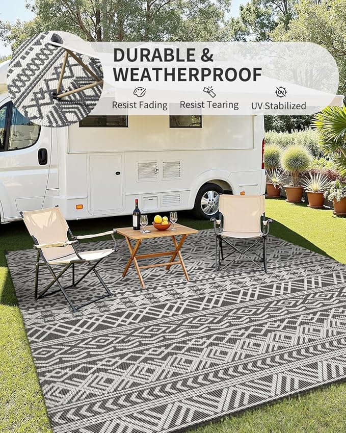 MontVoo Outdoor Rug Carpet Waterproof 9x12 Outdoor Patio Rug Mat Reverisble Plastic Straw Outdoor Rug for RV Camping Picnic Beach Balcony Boho Grey Large