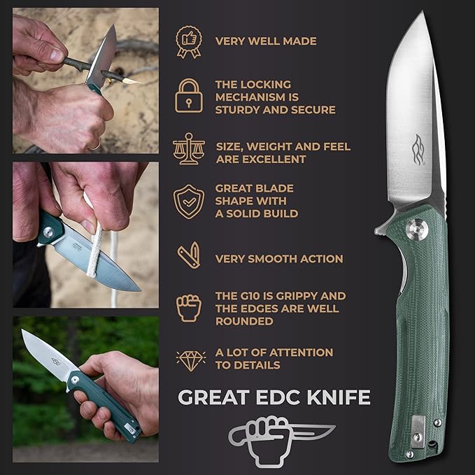 Firebird GANZO FH91-GB Ball Bearing Pocket Folding Knife D2 Steel Blade Ergonomic G10 Anti-Slip Handle with Clip Camping Fishing Hunting Outdoor Flipper EDC Pocket Knife (Green)