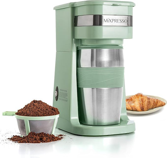 Mixpresso Personal Single Serve Coffee Maker & 14oz Travel Mug, Drip Coffee Brewer & Tumbler, Auto Shut Off & Reusable Filter, Green Coffee Maker Small, Compatible with Coffee Grounds