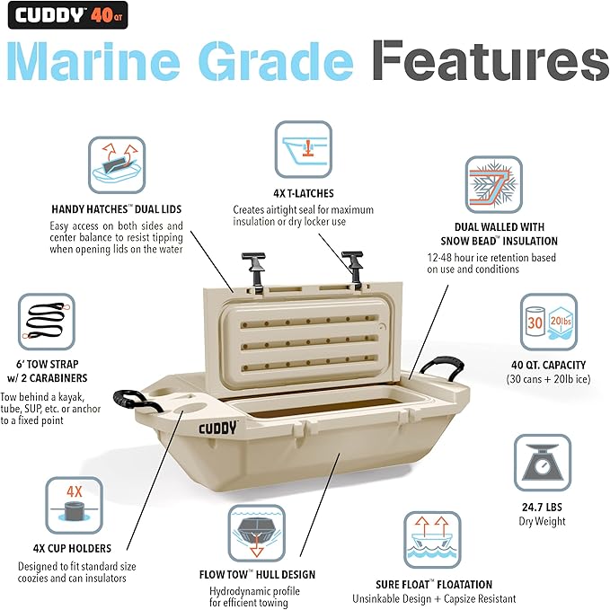 CUDDY Floating Cooler and Dry Storage Vessel for Land & Water – 40QT– Great for River, Beach, Kayak, Pool, & Lake - Multiple Color Options