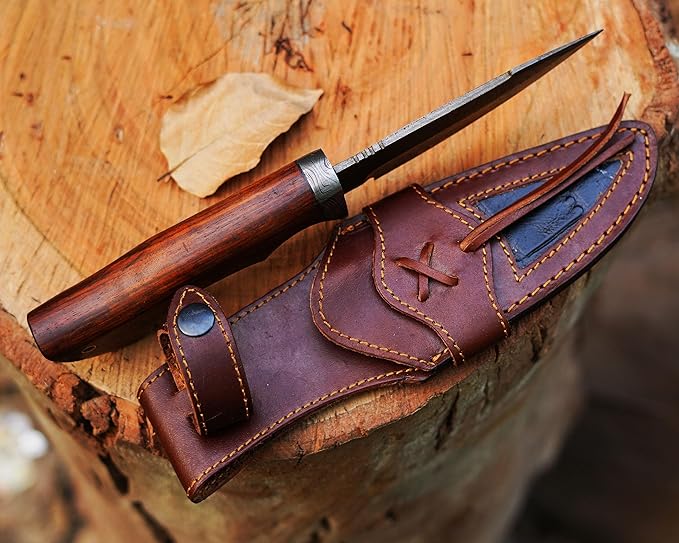 10″ Handmade Damascus Hunting Knife with Leather Sheath - Predator Hunter Damascus Steel Knife Ideal for Skinning, Camping and Outdoor - EDC Fixed Blade Bushcraft Knife Full Tang
