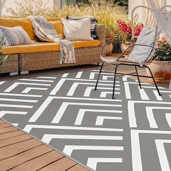 Kohree RV Outdoor Rugs 6x9, Patio Rugs Outdoor Waterproof Camping Mat, Indoor Outdoor Carpet with 4 Loops for Patio, Camping, Backyard, Picnic, Grey