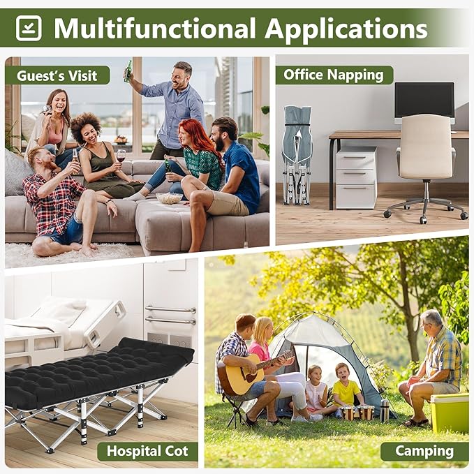 Slendor Folding Camping Cot Black, Sleeping Cot for Adults with Carry Bag, Mattress, 1200D Layer Oxford Portable Camp Bed Cot Bed for Guest Travel Office Beach