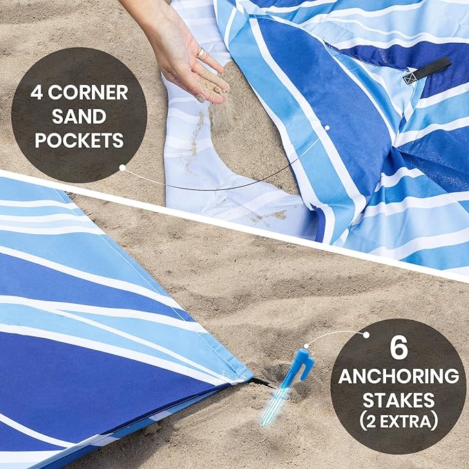 Everlasting Comfort Beach Blanket Waterproof Sandproof - Large Oversized Beach Mat for 10 People w/Stakes, Storage Bag - Beach Accessories for Family, Picnic, Concert, Travel