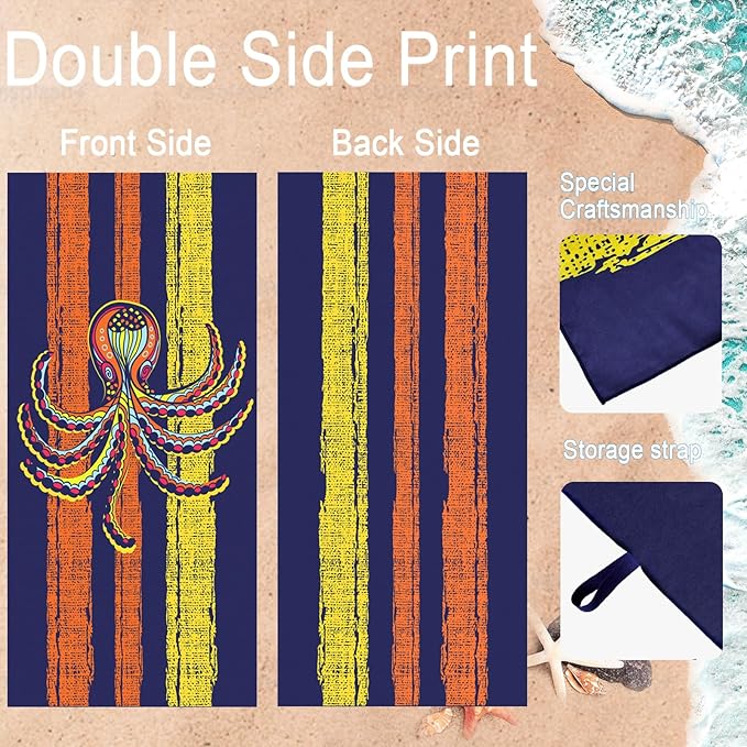 Bnuitland Octopus Pattern Beach Towel (35X75 inches), Oversized Quick Drying Absorbent Sand Free, Cute Towels for Travel Swimming Pool Picnic, 88% Polyester and 12% Polyamide