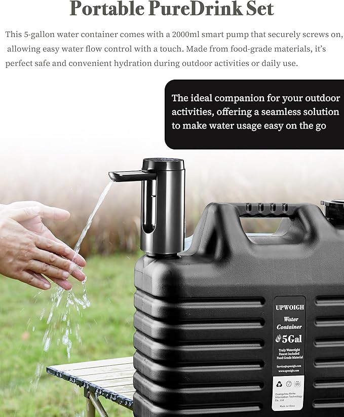 Portable 5 Gallon Water Jug with Automatic Touch Control Pump,Truly No Leakage Water Container with Spigot,Type-C Rechargeable Black Water Pump Gear for Outdoors Camping Hiking