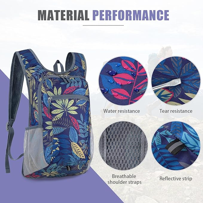 15L Hiking Backpack Small Travel Backpack Lightweight Packable Backpacks Casual Daypack for Women and Men, Blue Leaf