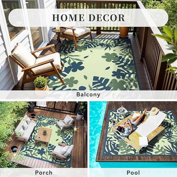 MontVoo Outdoor Rug Waterproof 5x8 ft RV Outdoor Rug for Camping Picnic Mat Outdoor Patio Rug Carpet Plastic Straw Reversible Floral Teal Blue Green