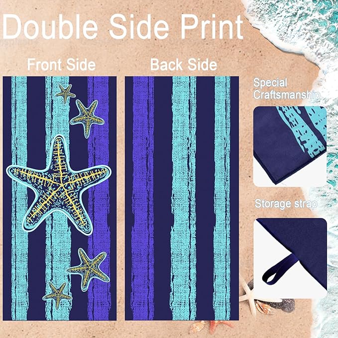 Bnuitland Starfish Pattern Beach Towel (35X75 inches), Oversized Quick Drying Absorbent Sand Free, Cute Towels for Travel Swimming Pool Picnic, 88% Polyester and 12% Polyamide, Blue