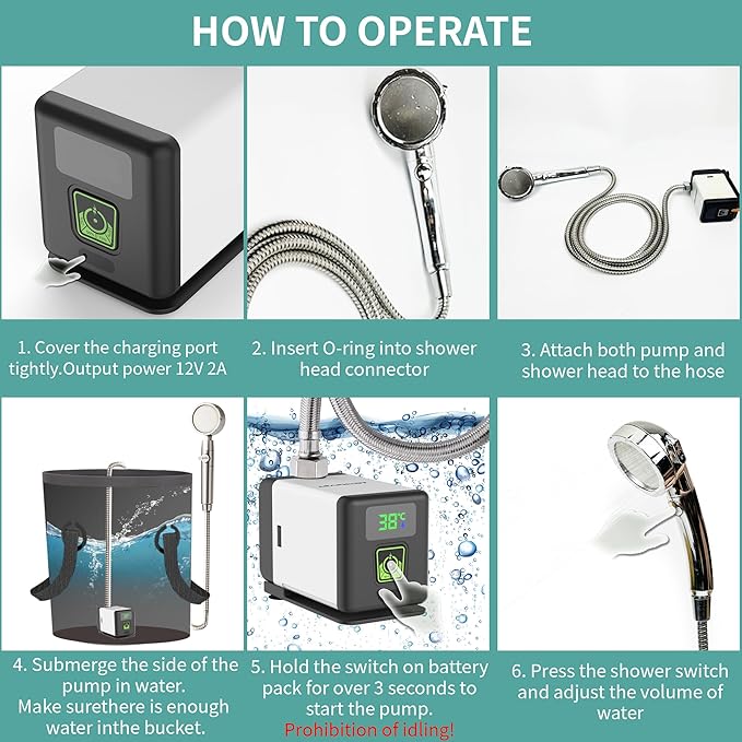 Portable Outdoor Shower for Camping with 20L Dry Bag,6000mAh Brushless Motor Shower Rechargeable Pump with Intelligent Digital Display, Shower Head Nozzle for Camping,Pet Bath,Car Washing