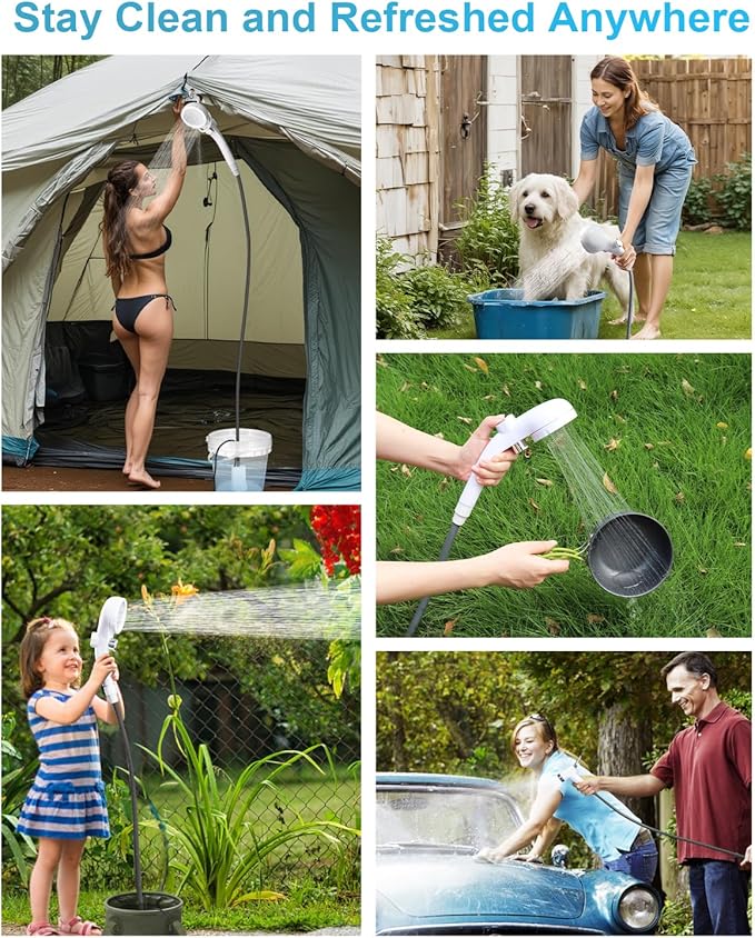 AUTOPkio Portable Shower for Camping, 2-in-1 Camp Shower Pump with Rechargeable Battery, Portable Outdoor Shower for Beach Hiking Outdoor, Pet Cleaning