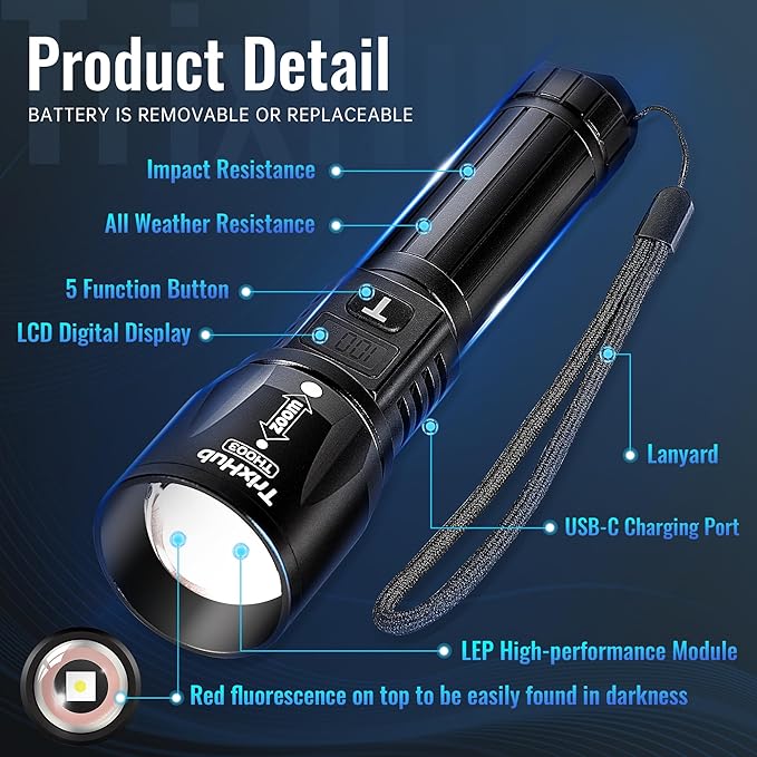 Rechargeable Flashlights 2 Pack, 990,000 Lumens Super Light Flashlight with LCD Digital Display, 5 Adjustable Mode Powerful Tactical Flashlight, Waterproof Flashlights for Camping Hiking