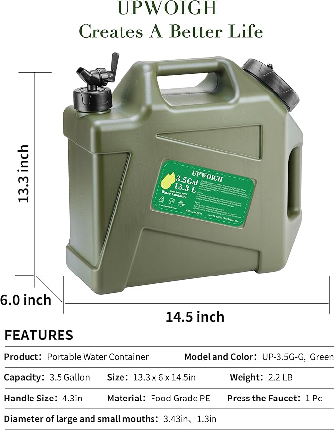 3.5 Gallon Water Jug, Overlanding Gear Water Containers Spigot, Camping Essential Truly Leak-Proof Press Faucet Green Water Tank,BPA Free Portable Emergency Water Storage for Outdoors Hiking RV