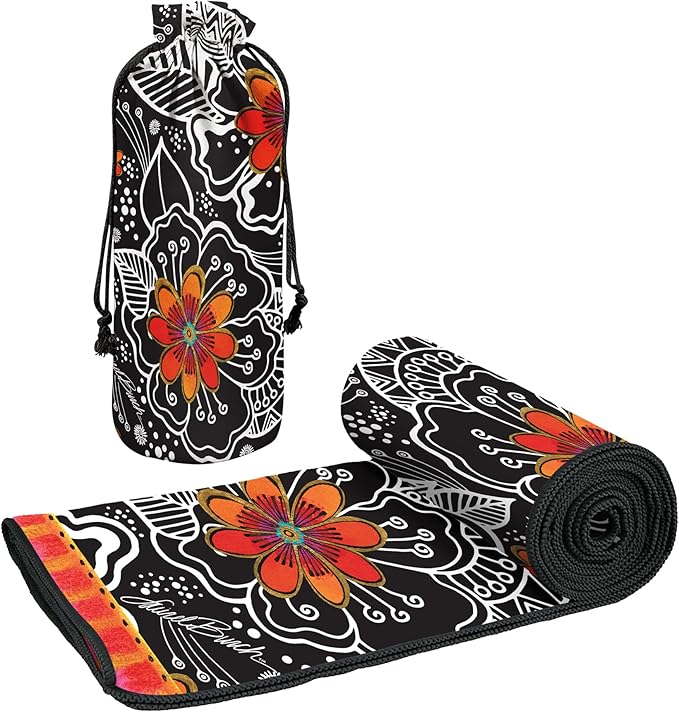 Laurel Burch Orange Blossoms Large Oversized Microfiber Beach Towel - 40x63 Inches, Sand-Free, Quick-Drying, Ultra-Soft, Ideal for Travel, Pool, and Yoga - Includes Matching Drawstring Travel Pouch