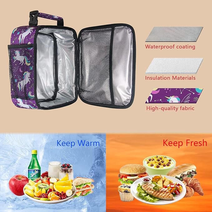 Hap Tim Kids Lunch Box for Girls Boys, Reusable Lunch Bag for Kids, Spacious Lunchbox, Insulated Lunchbag, Purple Unicorn(18654-PP)