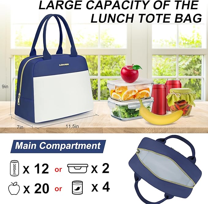 LOKASS Lunch Bag for Women-Insulated Adults Lunch Box with Front Pocket- Small Cute Lunch Tote for Work-Reusable Cooler Bag for Office Picnic Beach or Travel(Dark Blue)
