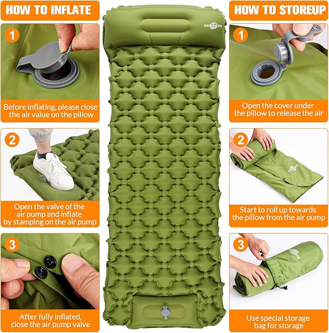 Sleeping Pad Ultralight Inflatable Sleeping Pad for Camping, 80''X25'', Built-in Pump, Ultimate for Camping, Hiking - Airpad, Carry Bag, Repair Kit - Compact & Lightweight Air Mattress(Green)