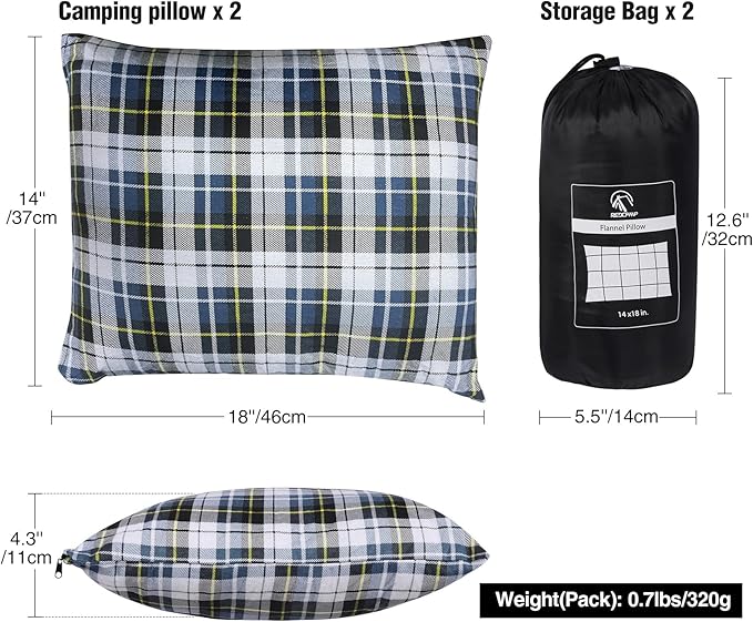 REDCAMP Small Camping Pillow Lightweight and Compressible, 2PCS Flannel Travel Pillow with Removable Pillow Cover