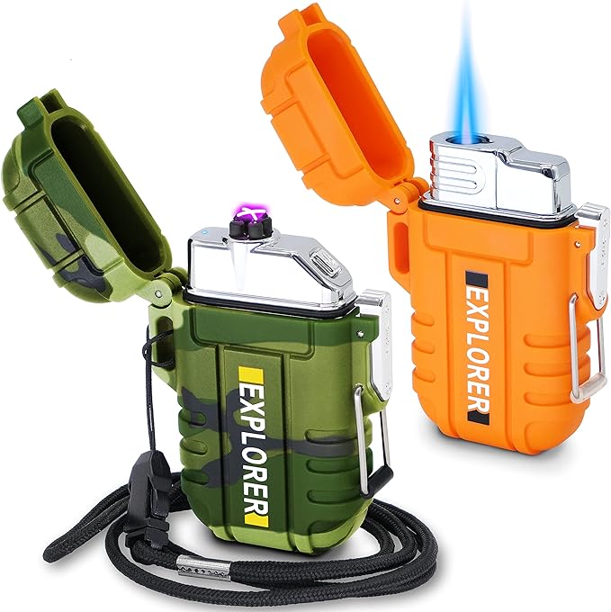 2 Pack Waterproof Outdoor Lighter Plasma Lighter Windproof Torch Lighter Dual Arc Lighter Electric Lighter USB Rechargeable Lighter Flameless EDC Camping Adventure Survival Tactical Gear
