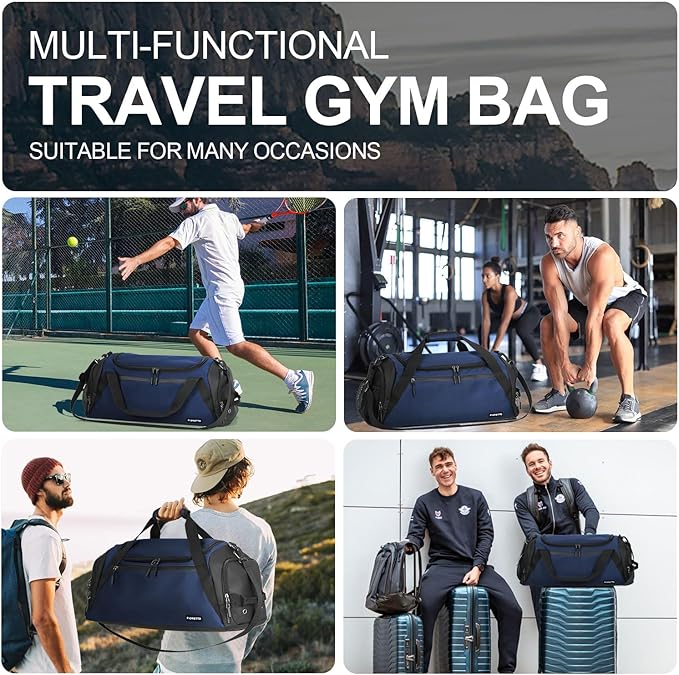 FIORETTO 43L Mens Sports Gym Bag with Wet Pocket & Shoe Compartment, Travel Duffle Bag Overnight Bag with Padded Shoulder Strap, Holdall for Swimming, Basketball, Football Navy